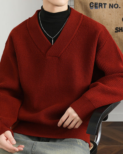 New V-neck Fashion Men's Solid Color Coarse Yarn Knitted Sweater