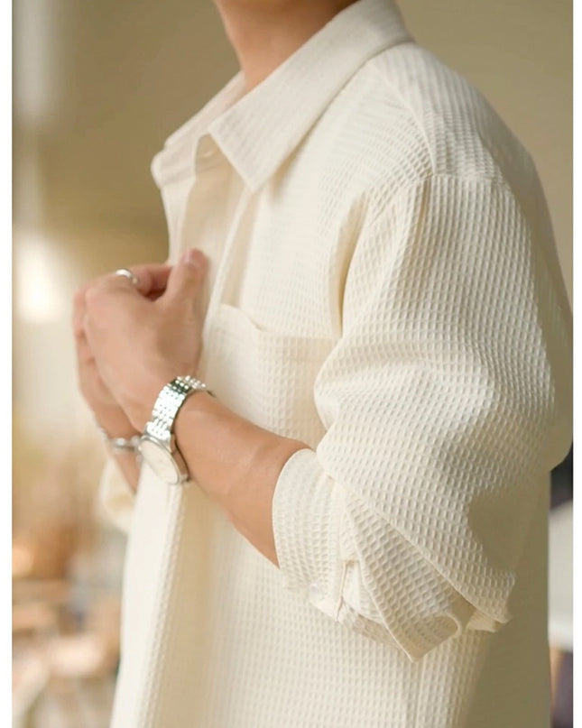 Waffle Polo Collar Jacket Casual Loose Men's Shirt
