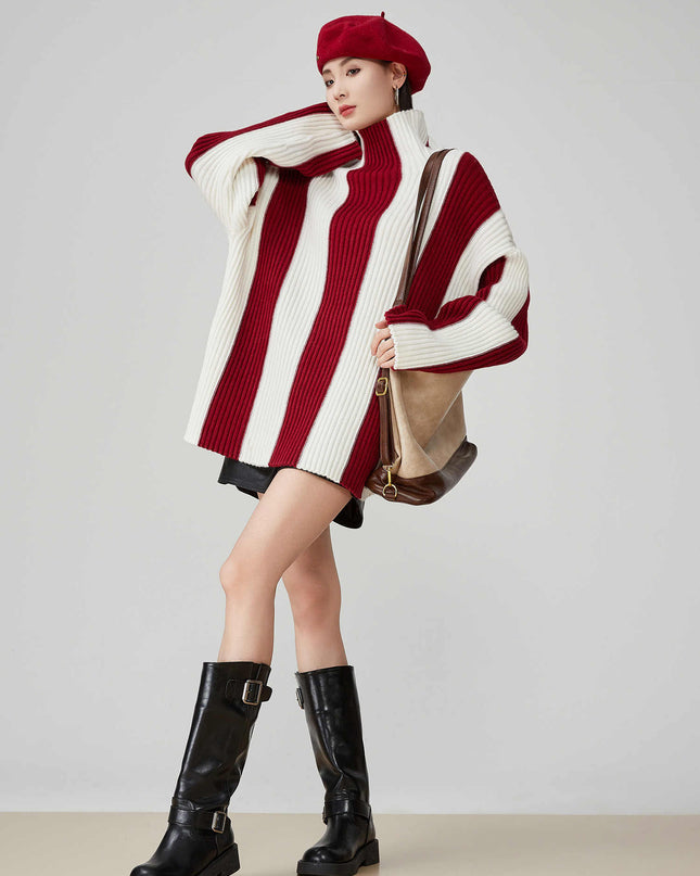 Contrast Color Pit Striped Turtleneck Sweater
