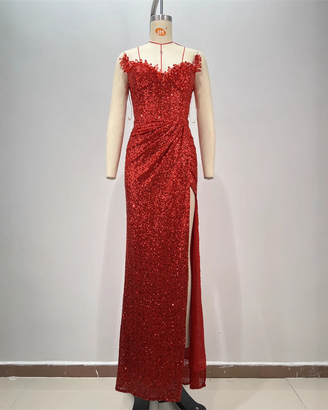 Drop-shaped Diamond Sexy Low-cut High Sitt Red Paillette Tube Coat And Dress