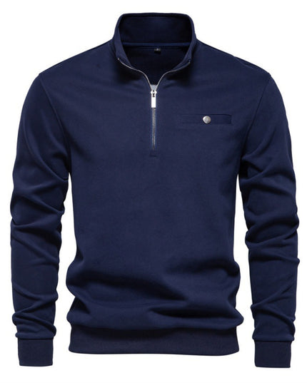 Half Zipper Sweater Casual Solid Color Pocket Decoration Basic Style