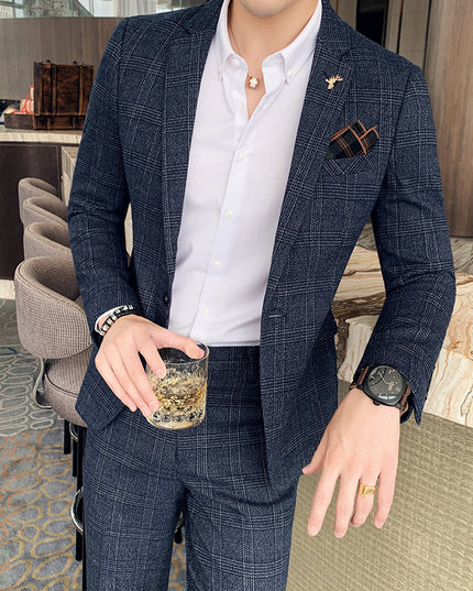 Men's Casual Suit Fashion Plaid Two-piece Set
