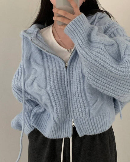 Loose And Idle Twist Hooded Double-headed Zipper Design Sweater Cardigan Coat