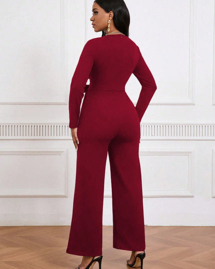 Simple And Stylish, Elegant Commuting Jumpsuit, Long Sleeve Straight Jumpsuit, V-neck, Cross Pleated, Tie-up Casual Jumpsuit, For Everyday Wear.