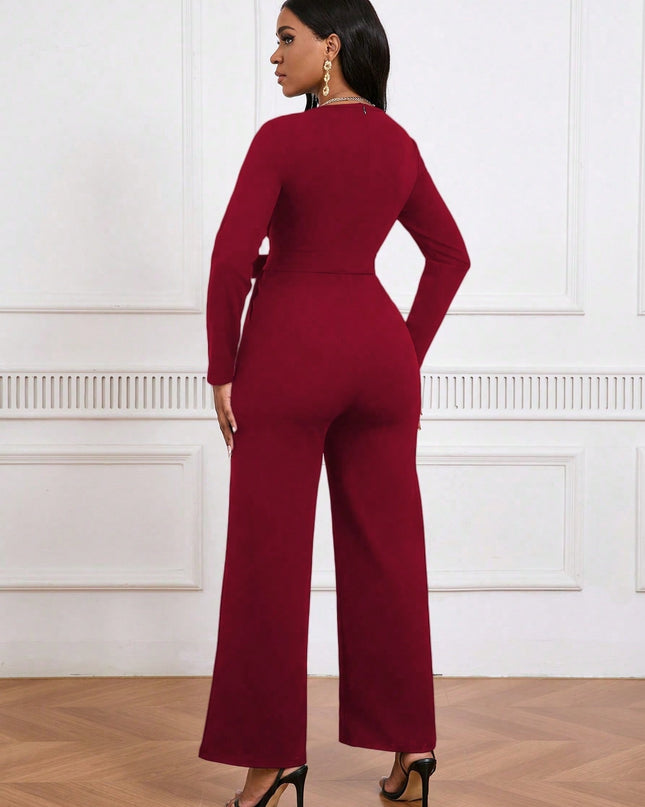 Simple And Stylish, Elegant Commuting Jumpsuit, Long Sleeve Straight Jumpsuit, V-neck, Cross Pleated, Tie-up Casual Jumpsuit, For Everyday Wear.