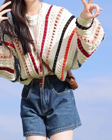 Retro Chic Rainbow Striped Hollow Sweater Round Neck Sweater