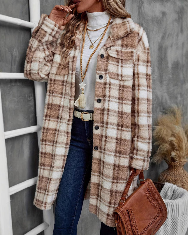 Women's Printed Plaid Long Double-sided Plush Patch Pocket Button Coat