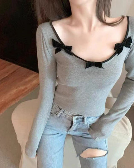 Bowknot Shoulder Low-neck Slim Fit Warm Top
