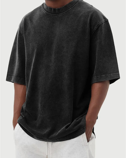 Men's Washed Fried Color Distressed Solid Color Pullover Short T-shirt