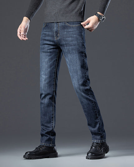 Fleece Padded Jeans Men's Straight Slim Elastic Thickening