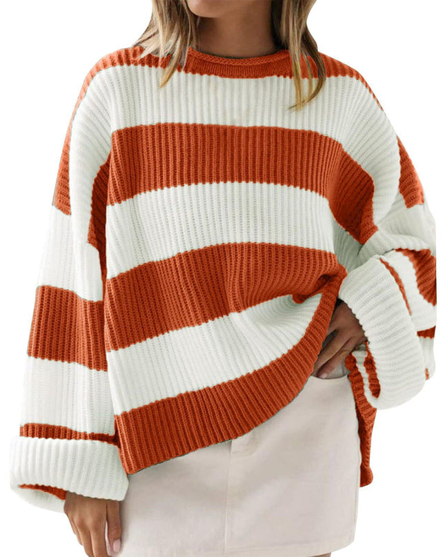 Loose Striped Sweater Fashion Casual Long Batwing Sleeve Round Neck Pullover Knit Tops Women Clothing