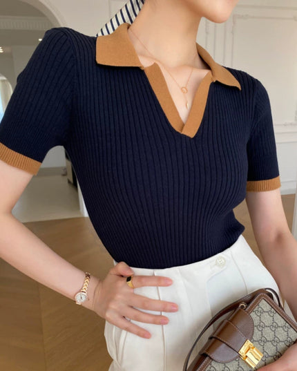 Women's French Retro Color Effect Collar Knitted Short Sleeve