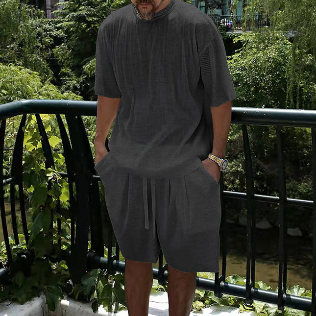 Ice Silk Sunken Stripe Loose Short Sleeve Shorts Men's Casual Suit