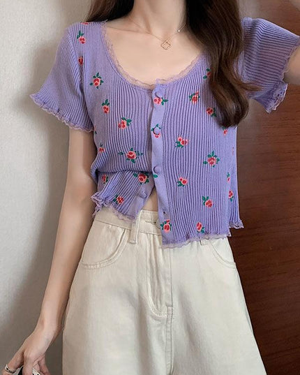 Age-reducing Floral Knitted Bottoming Shirt Short Sleeve