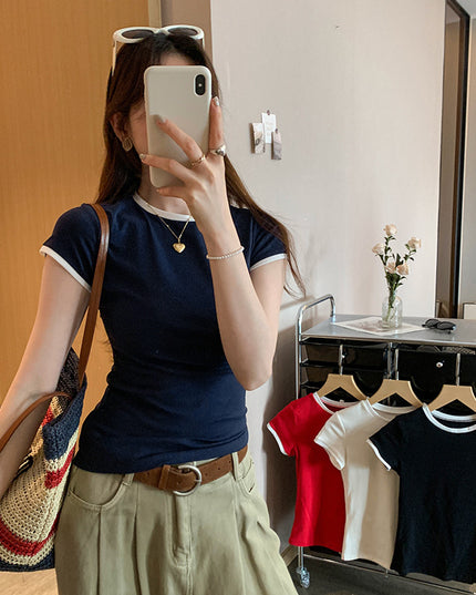 Korean Chic Color Contrast Patchwork Shoulder Round Neck Short Sleeve