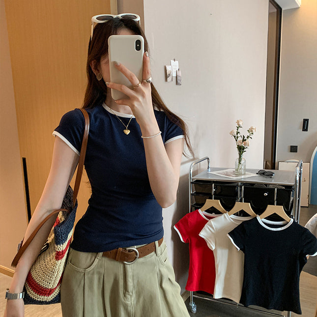 Korean Chic Color Contrast Patchwork Shoulder Round Neck Short Sleeve