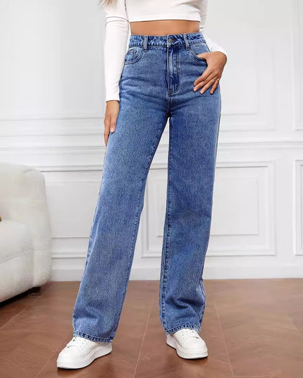 Washed Fashion Straight Jeans Women's Mid Waist