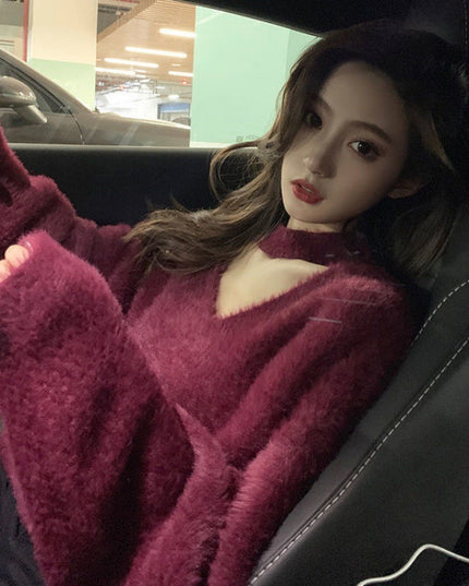 Autumn Winter Red Sweater For Women Loose Outer Wear