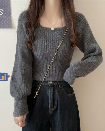 Western Style Low Collar Long Sleeves Top Slim-fit Sweater
