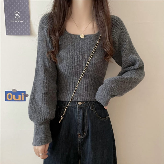 Western Style Low Collar Long Sleeves Top Slim-fit Sweater