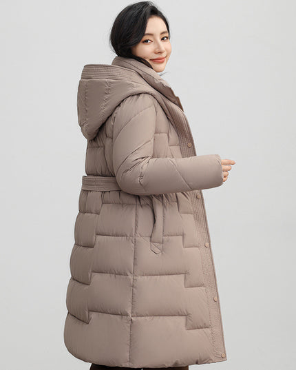 Women's Winter New Waist Trimming Fashion Mid-length Hooded Below-the-knee Coat