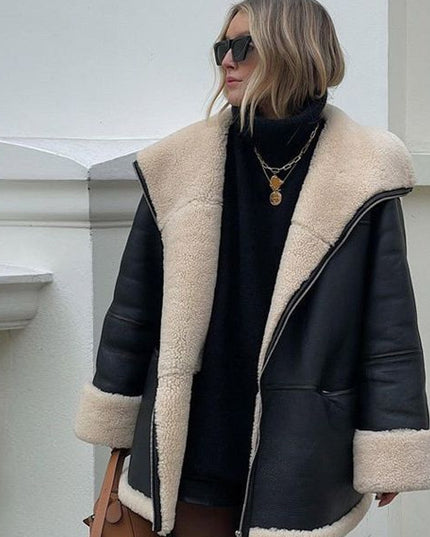 Fashion Cashmere Leather Fur Collar Composite Leather Coat