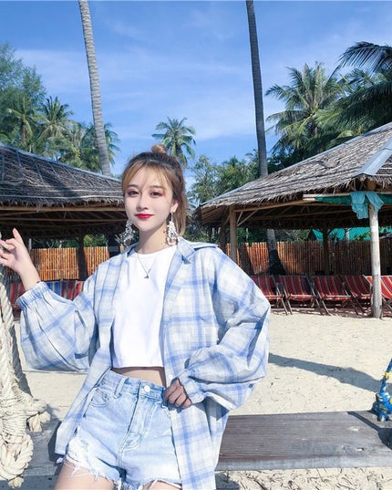 Women Blouses Shirts Plaid Oversize Thin Casual Sun-protect