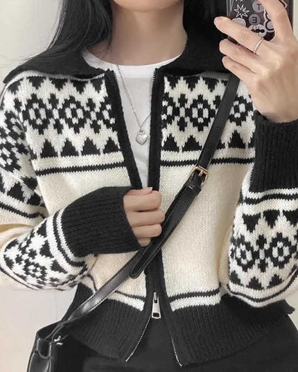 Lapel Contrast Color Jacquard Long Sleeve Zipper Sweater Coat For Women