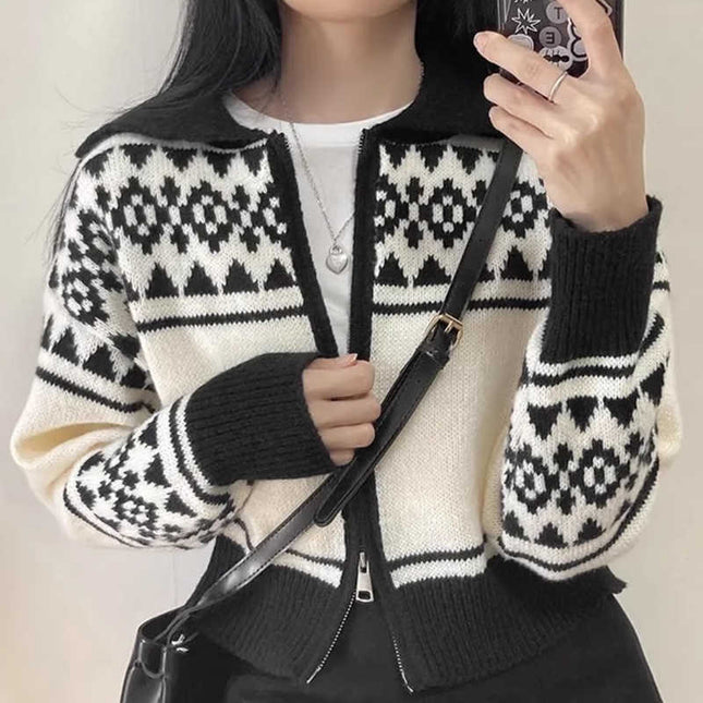 Lapel Contrast Color Jacquard Long Sleeve Zipper Sweater Coat For Women