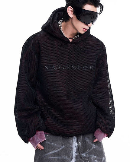 Niche Hollow Out Knitmesh Hooded Fleece Lined Sweater
