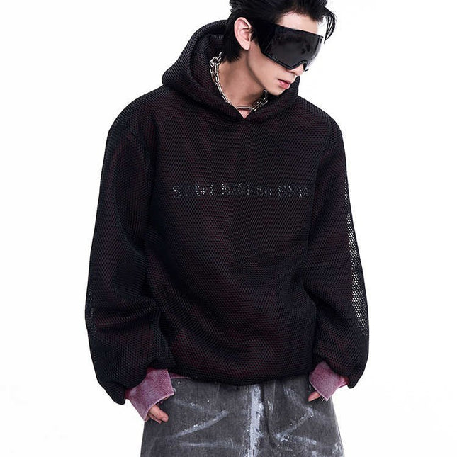 Niche Hollow Out Knitmesh Hooded Fleece Lined Sweater
