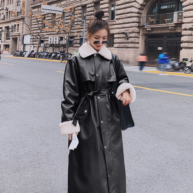 Women's Thickened Fur Long Leather Jacket For Locomotive