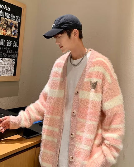 Autumn And Winter Striped Cardigan Sweater Coat For Men