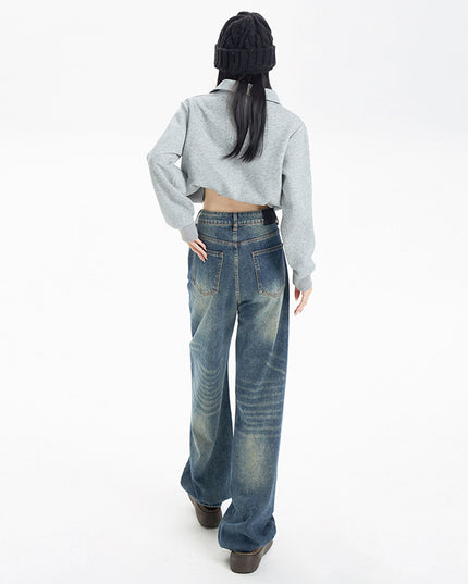 American Style Nostalgic Blue Wide Leg Jeans For Women