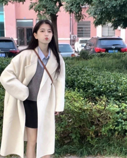 Design Sense Oatmeal Color Small Woolen Overcoat Women's Coat