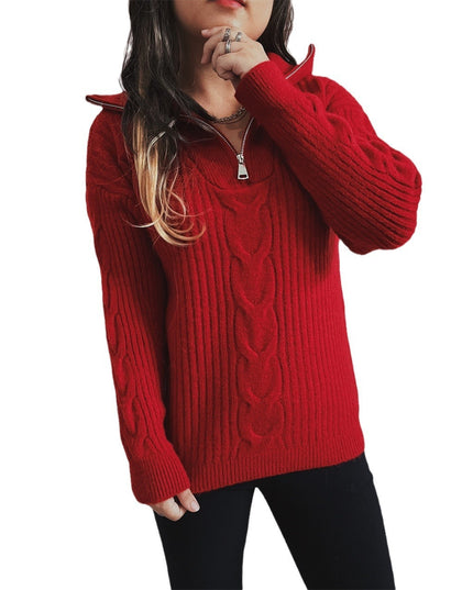 Twist Vertical Stripes Zipper And Lapel Long Sleeve Sweater