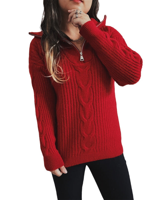 Twist Vertical Stripes Zipper And Lapel Long Sleeve Sweater