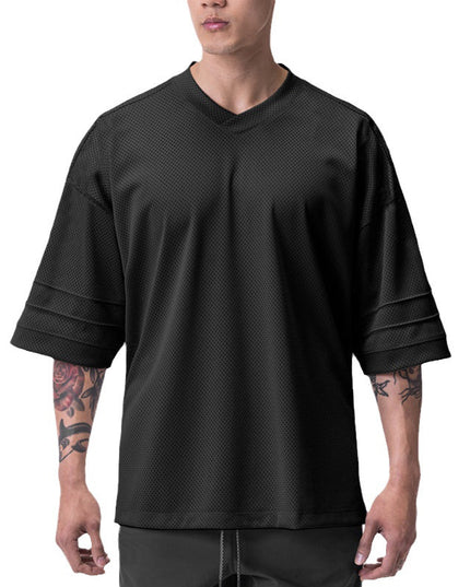 Quick-drying Solid Color Drop Shoulder Mesh V-neck Short Sleeve
