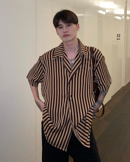 Men's Slanted Placket Striped Lapel Shirt