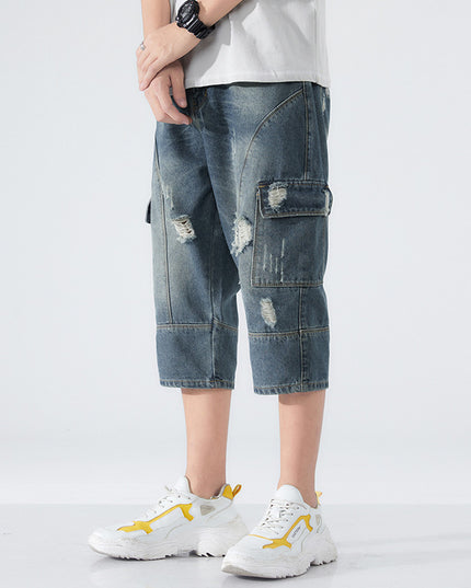 Men's Loose Elastic Waist Printed Cropped Jeans