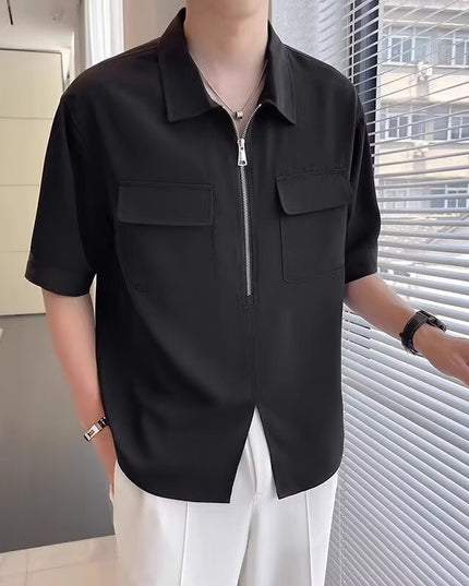 Half Zipper Short Sleeve Workwear Shirt Men