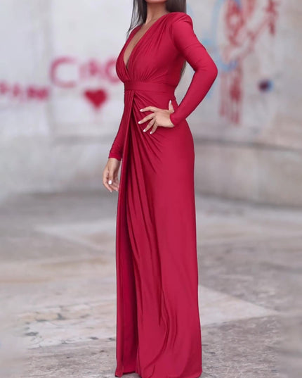 V-neck Long-sleeved Solid Color Maxi Dress