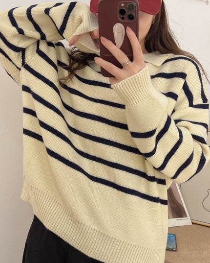 Retro Lazy Style Contrast Color Striped Collar Knitted Sweater