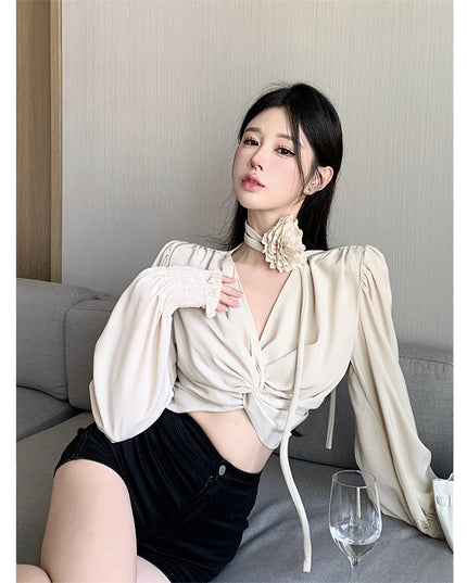 Women's Short Lace-up Kink Puff Sleeve Shirt Top