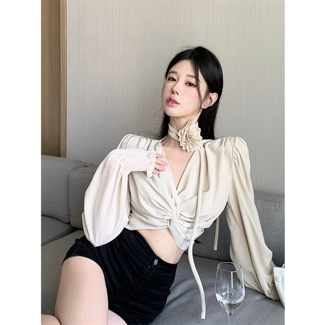 Women's Short Lace-up Kink Puff Sleeve Shirt Top