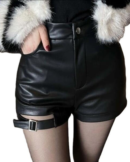 Black Buckle Washed Leather Shorts For Women