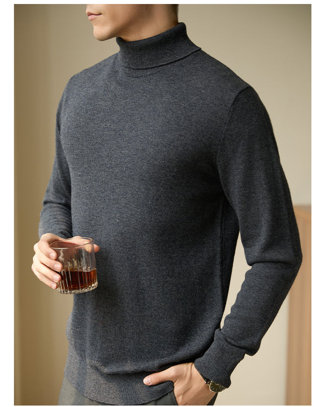 Pure Wool Turtleneck Sweater Men Thermal Slim Fit