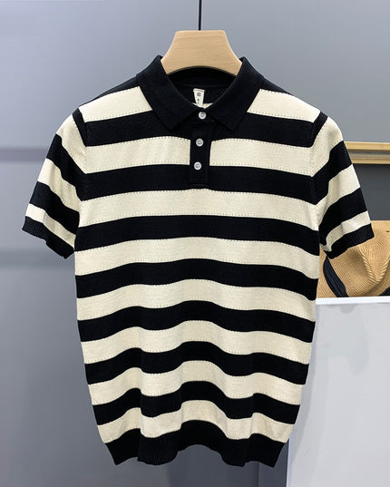 Striped Ice Silk Knitted Polo Shirt Men's Short Sleeve Thin Style Lapel T-shirt Men's Half Sleeve