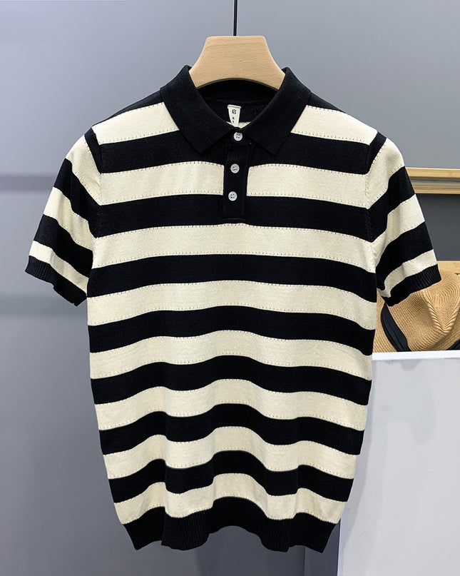 Striped Ice Silk Knitted Polo Shirt Men's Short Sleeve Thin Style Lapel T-shirt Men's Half Sleeve
