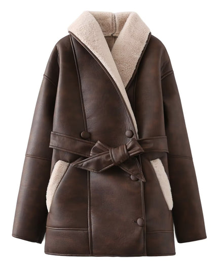 Fashion Cashmere Leather Fur Collar Composite Belt Coat
